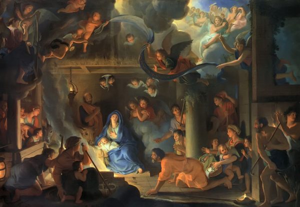Sacred art painting depicting the birth of Jesus in the stable with his mother Mary and father Joseph, shepherds, and others reaching out to him on the ground and angels all around in the air including up to heaven