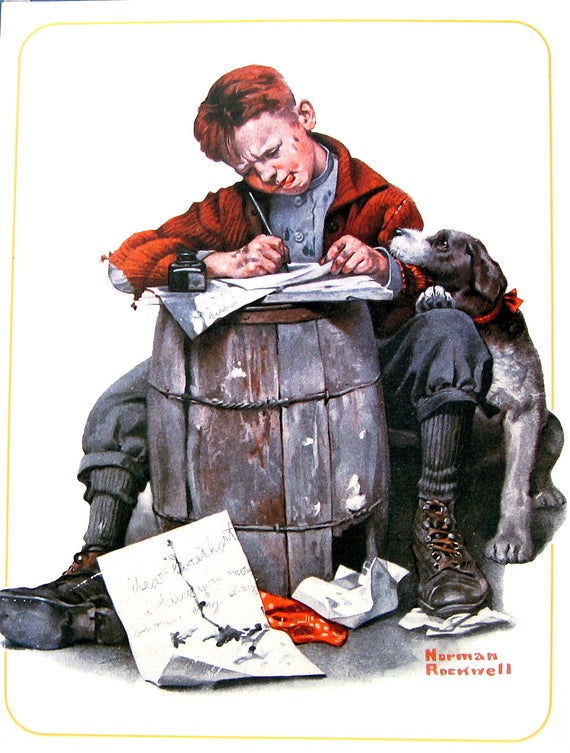 Normal Rockwell painting called Pen Pals depicting a young boy writing a letter on papers set on a barrel