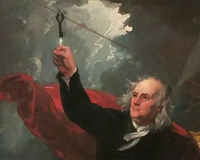 Benjamin Franklin flying kite in a thunderstorm