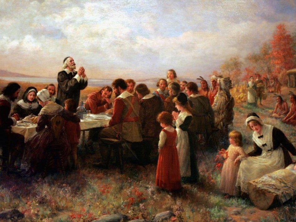 The First Thanksgiving Fall Meal between Pilgrims and the Wampanoag at Plymouth Colony Print Wall Art by Jennie Augusta